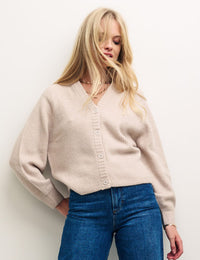 Cream Rib Knit V-Neck Button-Up Cardigan