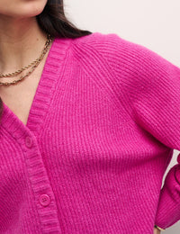 Pink Rib Knit V-Neck Button-Up Cardigan