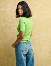 Green Collar Ribbed Knit Top