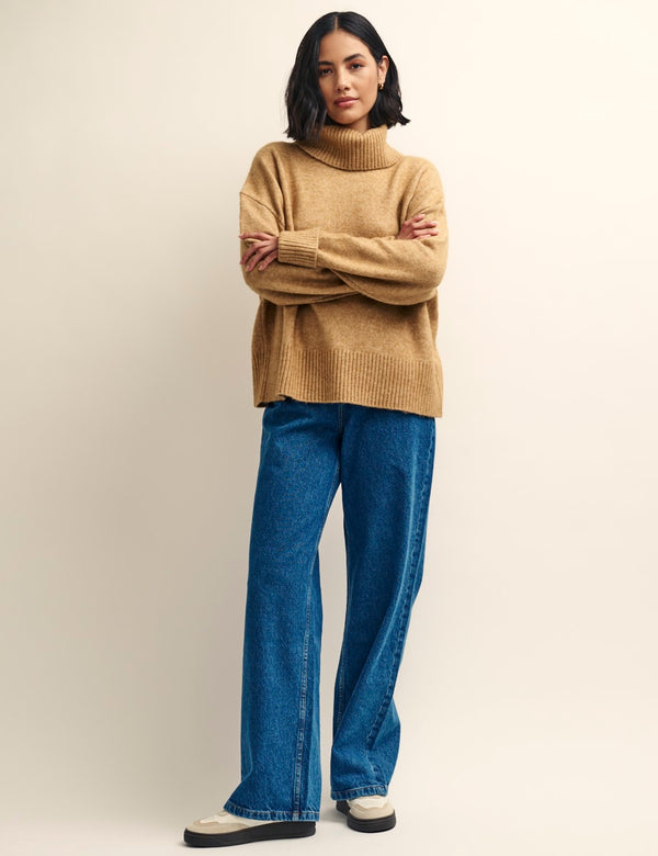 Camel Roll Neck Knitted Jumper