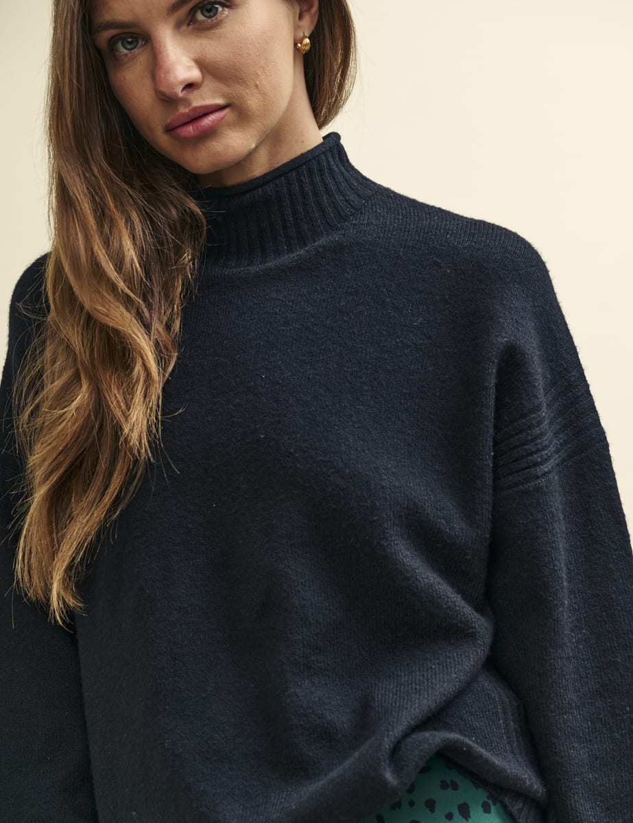 Black Funnel Neck Longline Knitted Jumper - Main Image