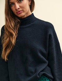 Black Funnel Neck Longline Knitted Jumper