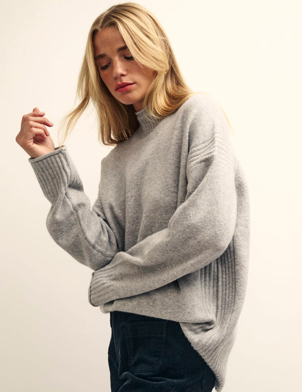 Grey Funnel Neck Longline Knitted Jumper