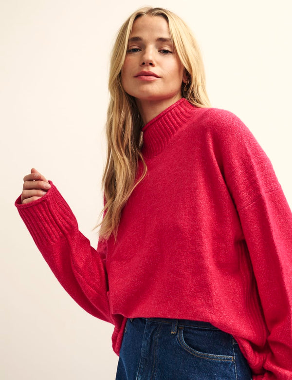 Pink Funnel Neck Longline Knitted Jumper