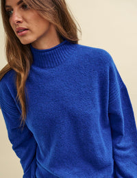 Blue Funnel Neck Longline Knitted Jumper