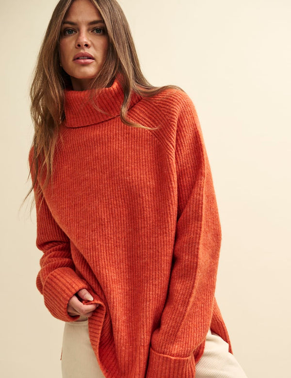 Orange Knitted Roll Neck Oversized Jumper