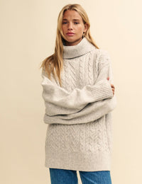 Light Grey Cable Knit Roll Neck Oversized Jumper