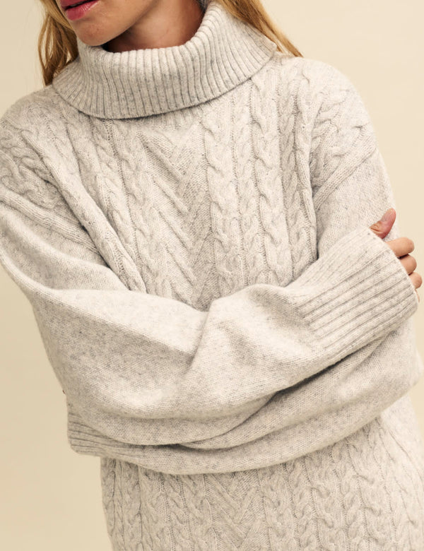 Light Grey Cable Knit Roll Neck Oversized Jumper