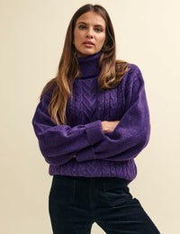 Purple Cable Knit Roll Neck Oversized Jumper