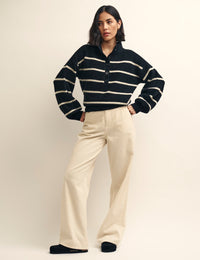 Black Stripe Knitted Half Button Funnel Neck Jumper