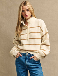 Cream Stripe Knitted Half Button Funnel Neck Jumper