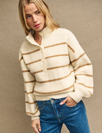 Cream Stripe Knitted Half Button Funnel Neck Jumper