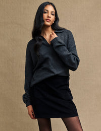 Grey Open Collar Knitted Jumper