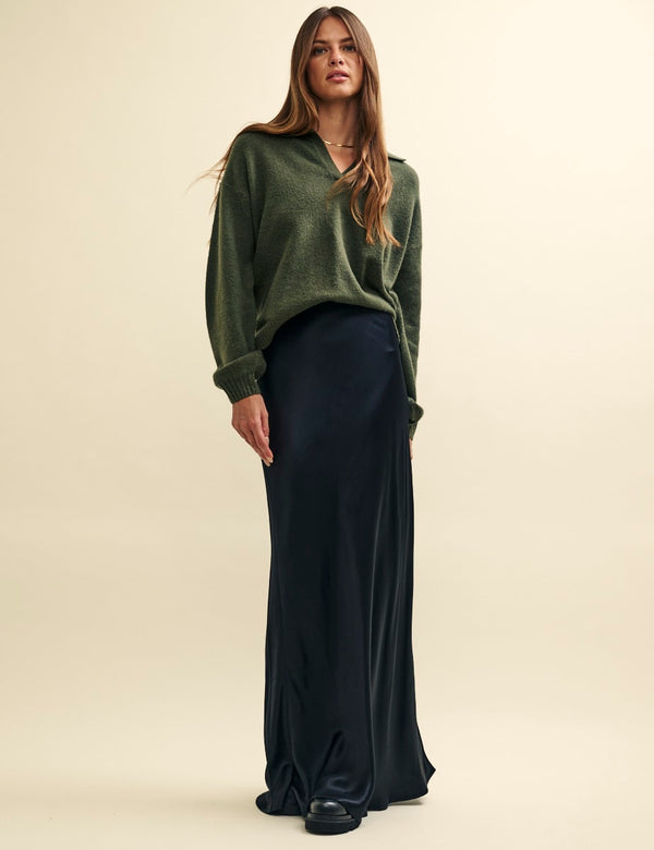 Khaki Green Open Collar Knitted Jumper