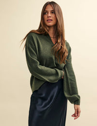 Khaki Green Open Collar Knitted Jumper