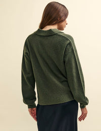 Khaki Green Open Collar Knitted Jumper