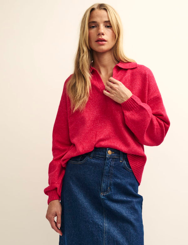 Pink Open Collar Knitted Jumper