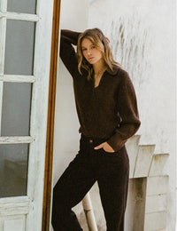 Brown Open Collar Chunky Knitted Jumper