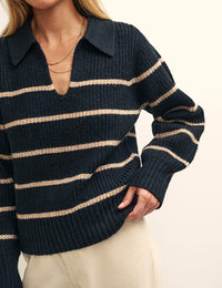 Black and Camel Stripe Open Collar Chunky Knitted Jumper