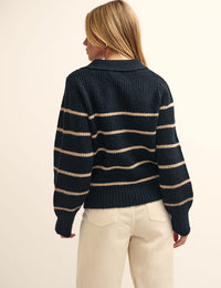 Black and Camel Stripe Open Collar Chunky Knitted Jumper