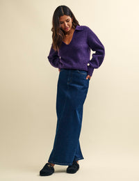 Purple Open Collar Chunky Knitted Jumper