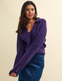 Purple Open Collar Chunky Knitted Jumper