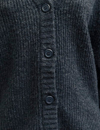 Grey Rib Knit V-Neck Button-Up Cardigan