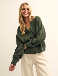 Khaki Green Rib Knit V-Neck Button-Up Cardigan