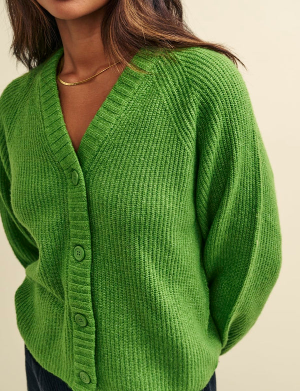 Green Rib Knit V-Neck Button-Up Cardigan