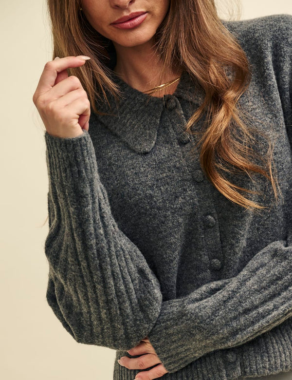 Grey Collared Knitted Cardigan
