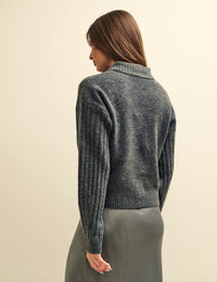 Grey Collared Knitted Cardigan