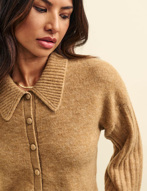 Camel Collared Knitted Cardigan