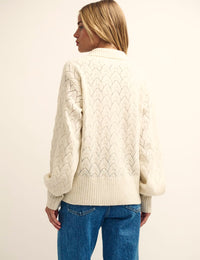 Cream Pointelle Collared Cardigan