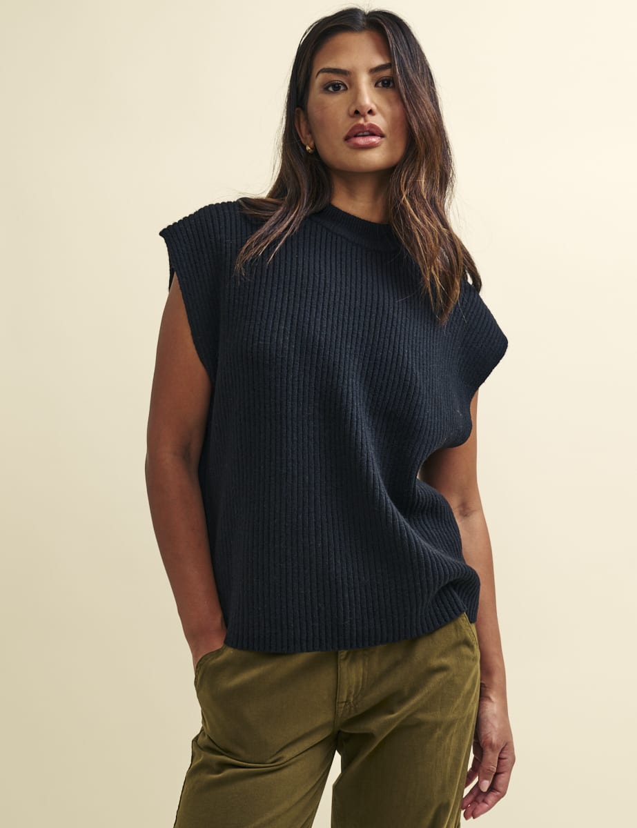 Oversized Sweater Rib Knit Sweater Vest Black Oversized Knitted Vest