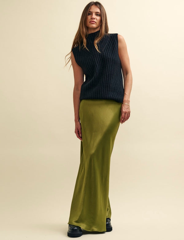 Black Funnel Neck Rib Oversized Knitted Vest