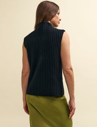 Black Funnel Neck Rib Oversized Knitted Vest