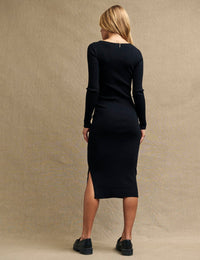 Black Square Neck Knitted Midi Dress