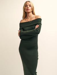 Green Bardot Knitted Midi Dress