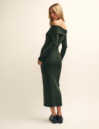 Green Bardot Knitted Midi Dress