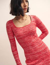 Pink and White Square Neck Knitted Midi Dress