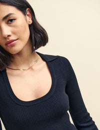 Black Scoop Neck Collar Knitted Midi Dress