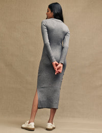 Grey Scoop Neck Collared Knitted Midi Dress