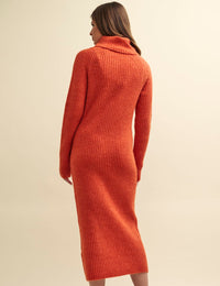 Orange Roll Neck Knitted Midi Dress