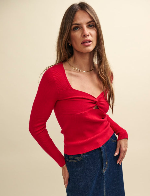 Red Sweetheart Twist Front Knitted Top