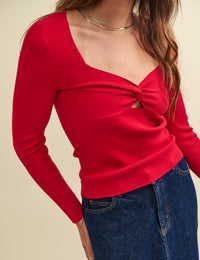 Red Sweetheart Twist Front Knitted Top