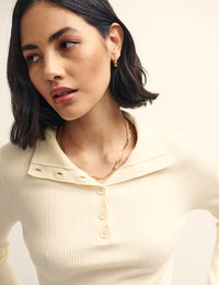 Cream Funnel Neck Button-Up Rib Knitted Top