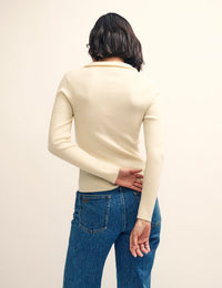 Cream Funnel Neck Button-Up Rib Knitted Top