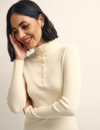 Cream Funnel Neck Button-Up Rib Knitted Top