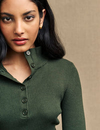 Khaki Green Button-Up Funnel Neck Rib Knit Top