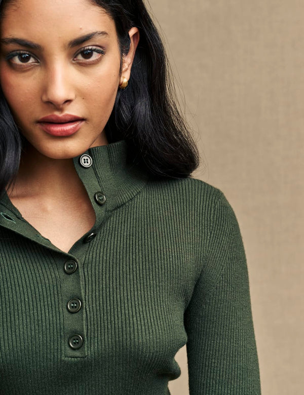 Khaki Green Button-Up Funnel Neck Rib Knit Top